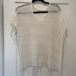 White Crochet Fringe Short-Sleeve Poncho